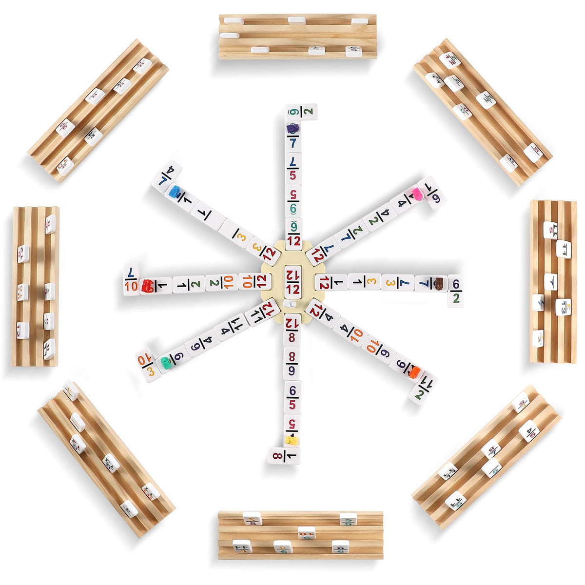 UVCANY Double 12 Domino Tiles arranged in eight wooden trays