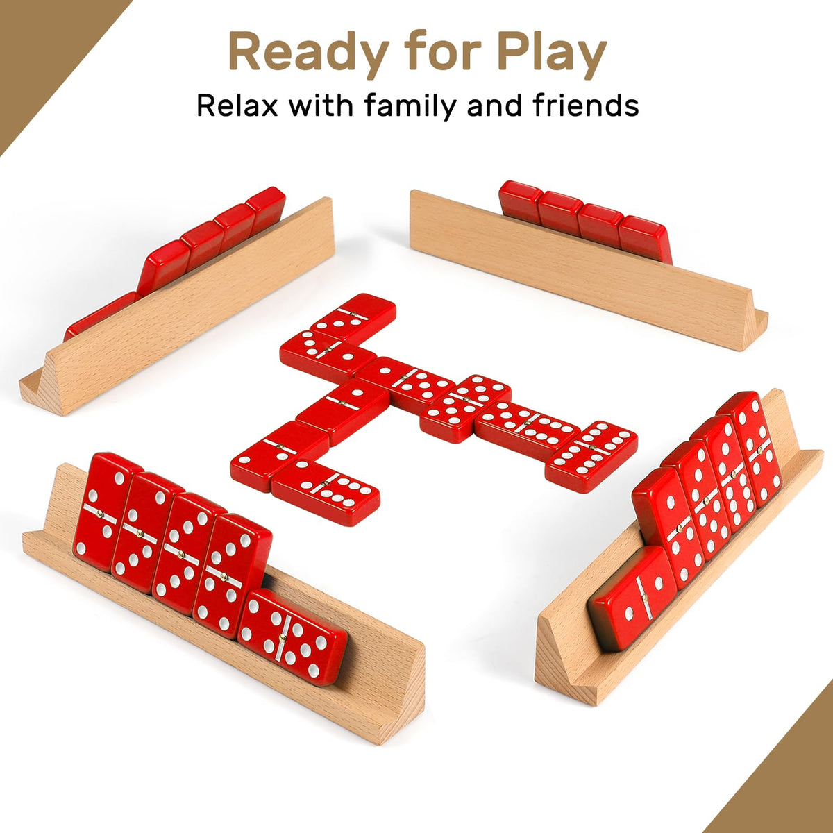 uvcany four beech racks arranged for double-six dominoes in a tidy setup