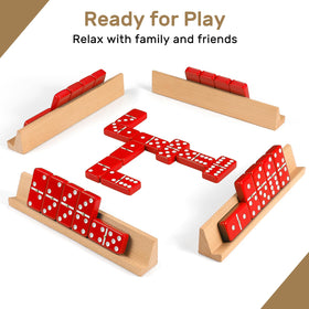 uvcany four beech racks arranged for double-six dominoes in a tidy setup