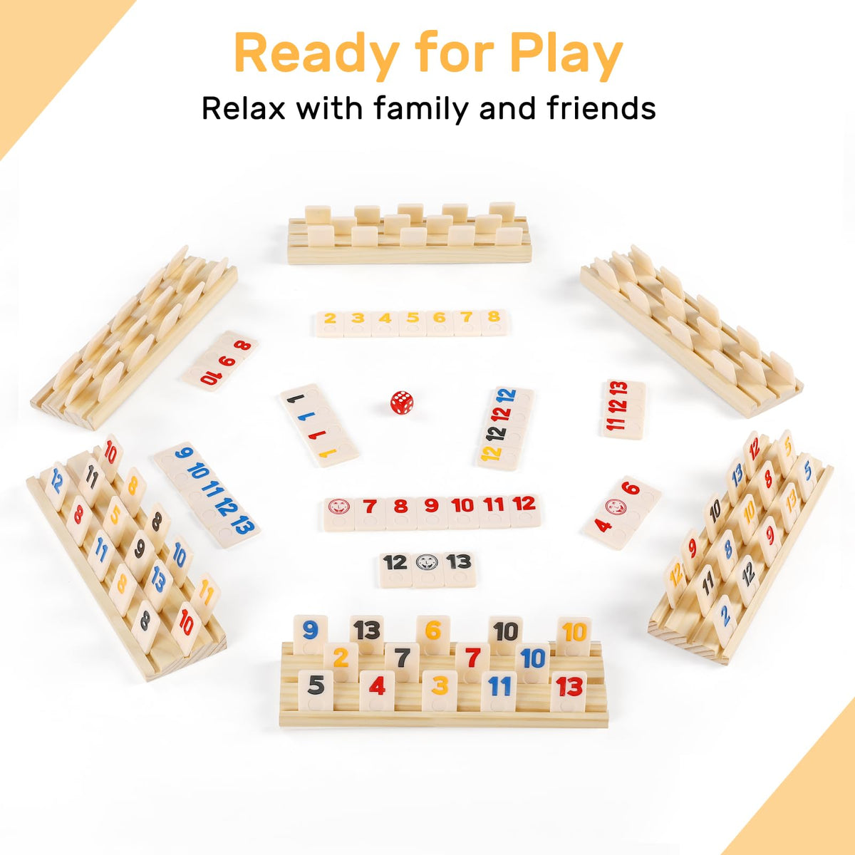 Six wooden racks organize tiles and protect tabletops during play.