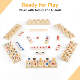 Six wooden racks organize tiles and protect tabletops during play.