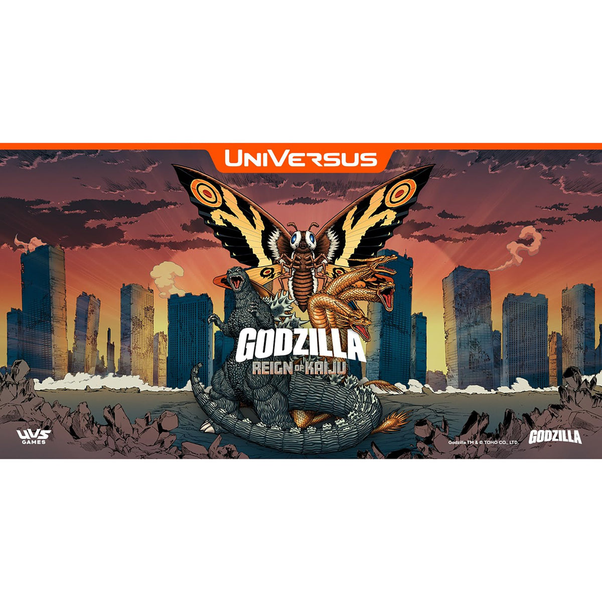 UVS Games UniVersus Godzilla art pack display highlights set scale for battles.