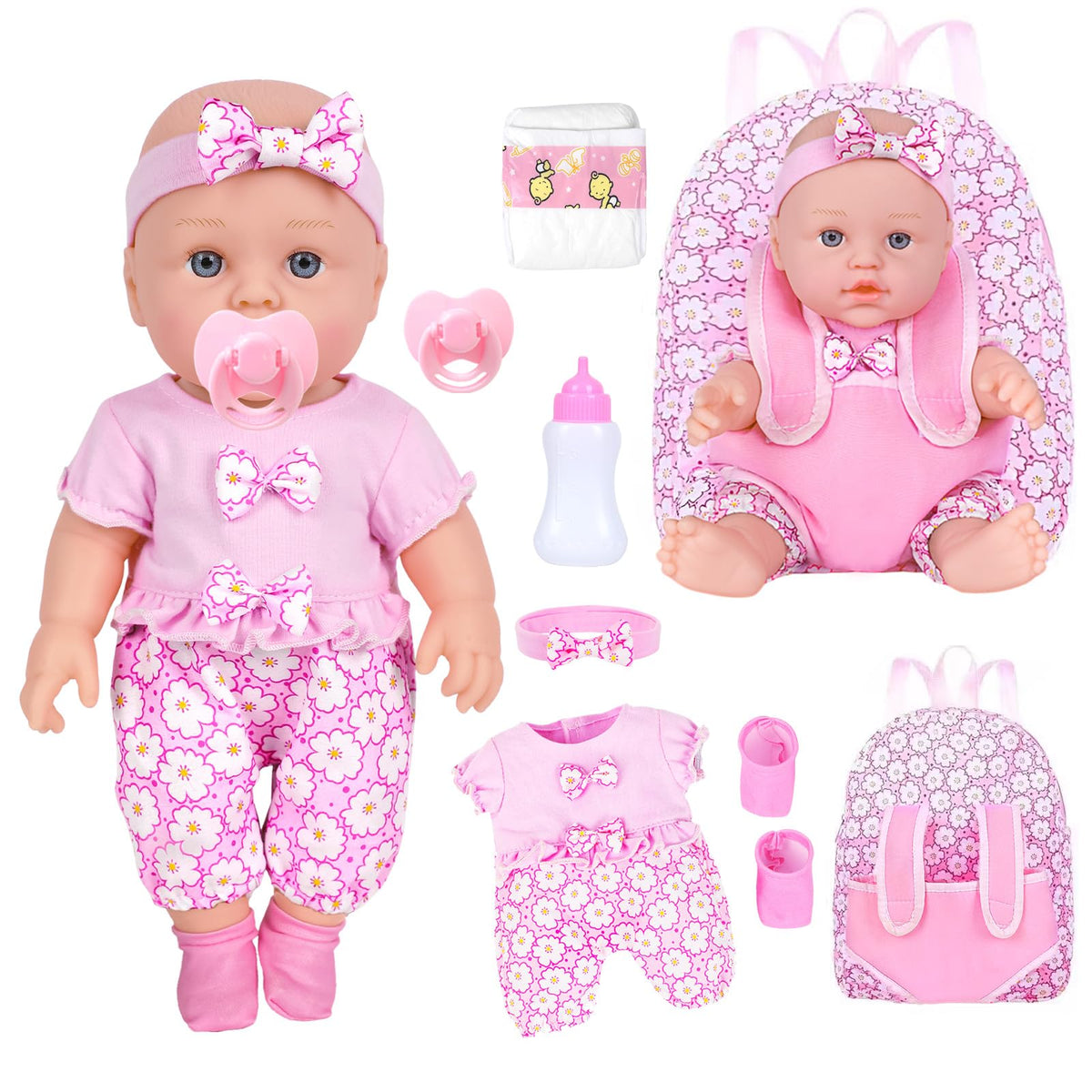 UZIDBTO 12-inch baby doll with backpack carrier for portable pretend play