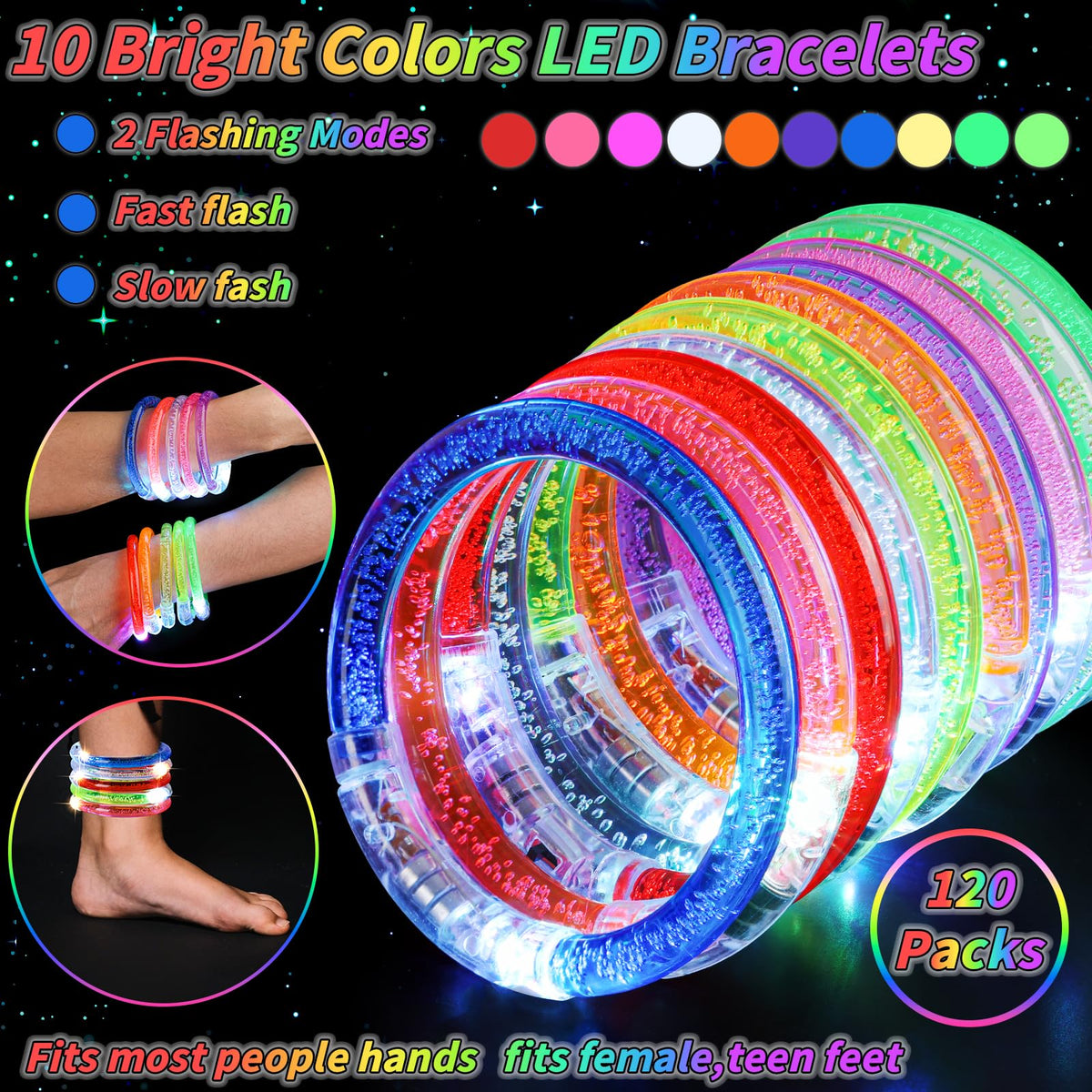 UZLU 10-color LED glow bracelets illuminate night fiestas with vivid color options.