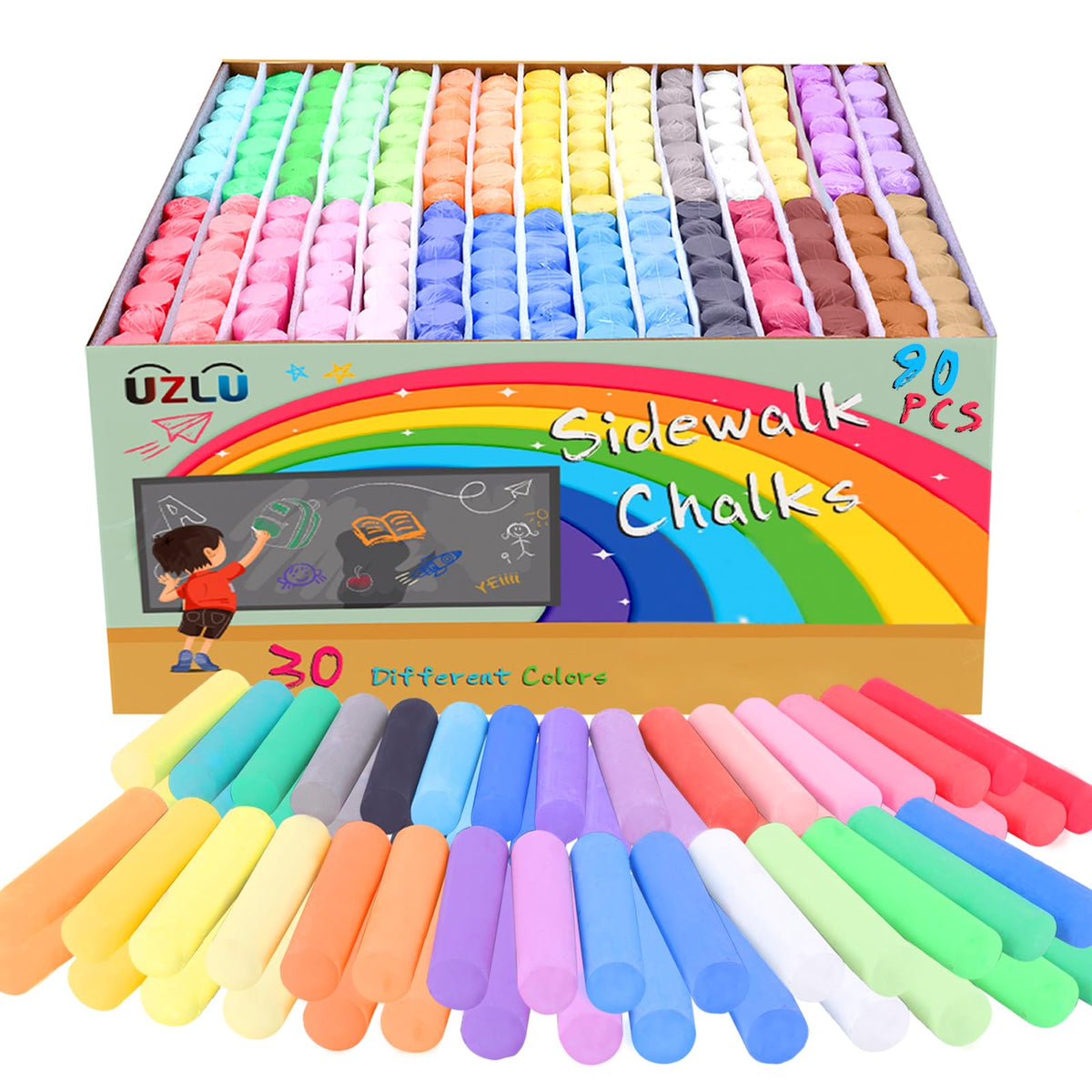 UZLU 90-pcs sidewalk chalk set in vibrant colors for outdoor art projects.
