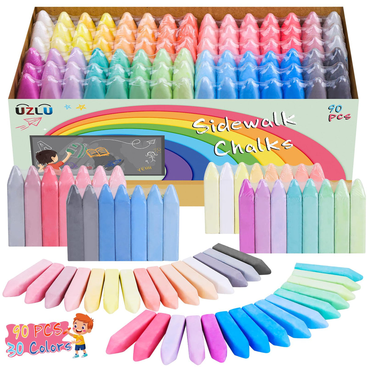 UZLU 90-piece sidewalk chalk set in packaging showcases 30 colors for versatile outdoor art.