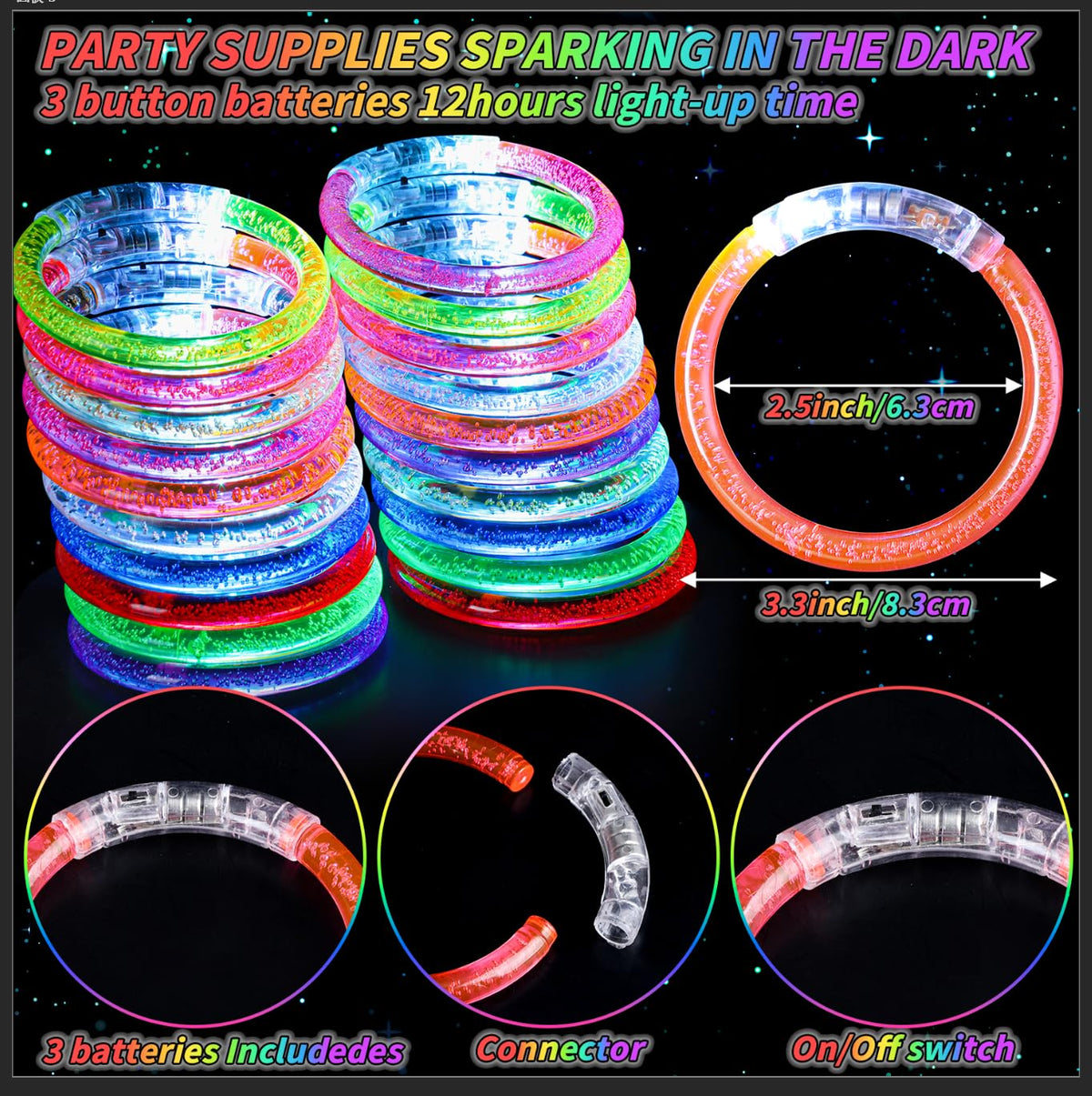 UZLU battery-operated glow bracelets provide long-lasting light for up to 12 hours.