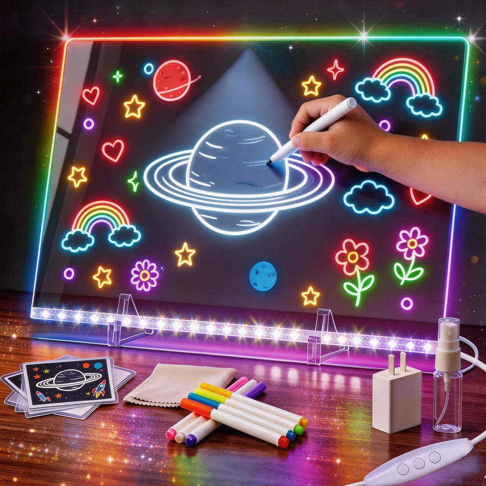 UZYZMS LED drawing board kids stand enables mess-free doodling at home.
