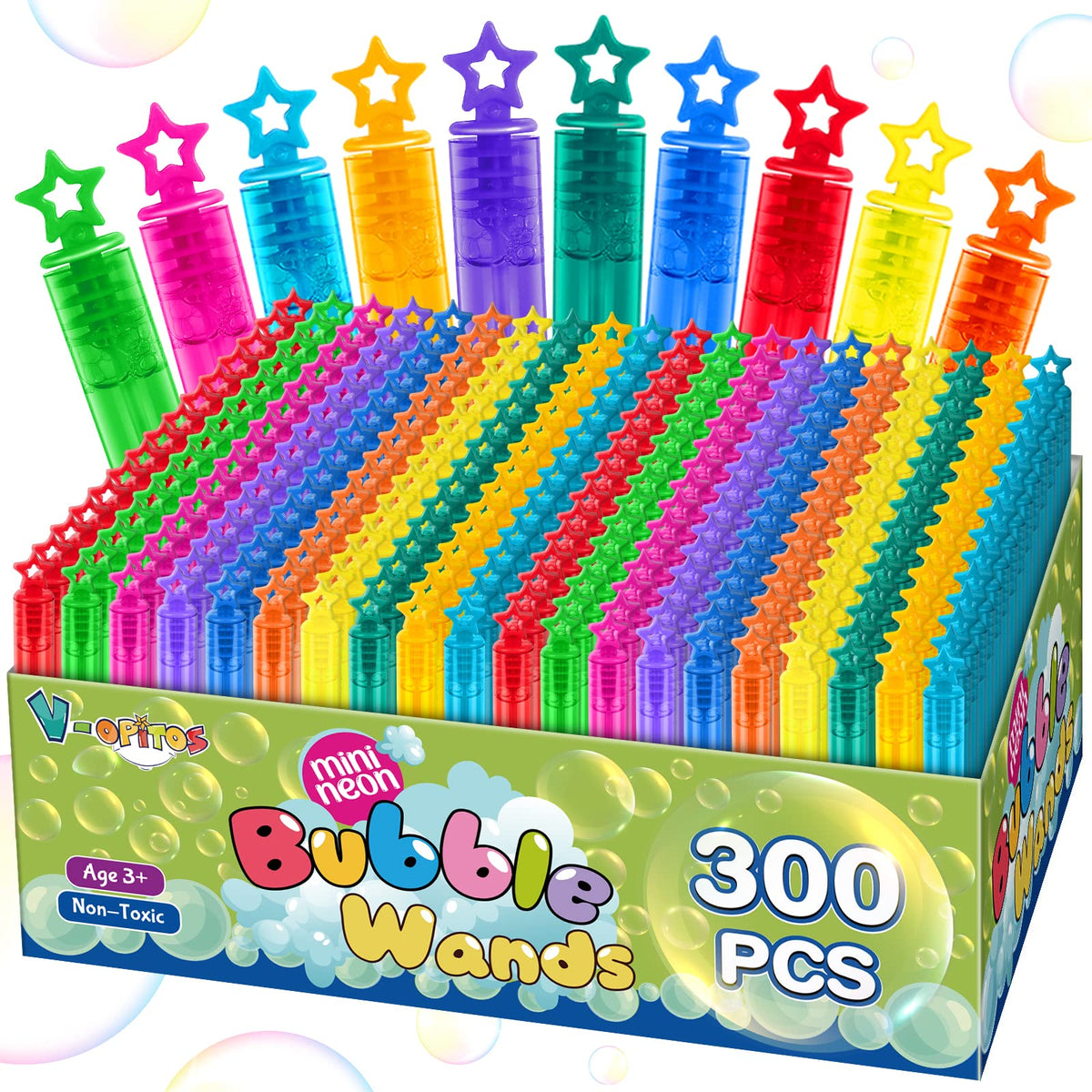 V-Opitos 300-pack mini bubble wands with star handles for colorful party favors and playtime.