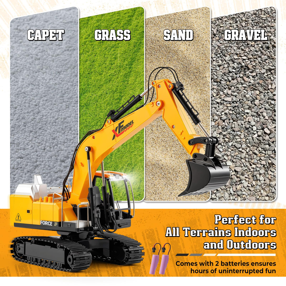 V-Opitos RC excavator toy on rugged tracks demonstrates off road capability