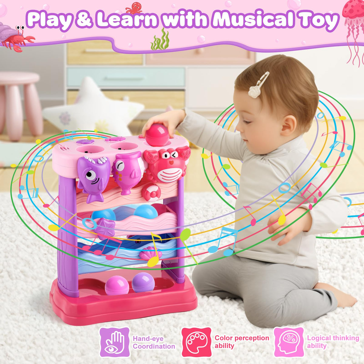 V-Opitos musical toy baby catching ball supports fine motor practice and color recognition.