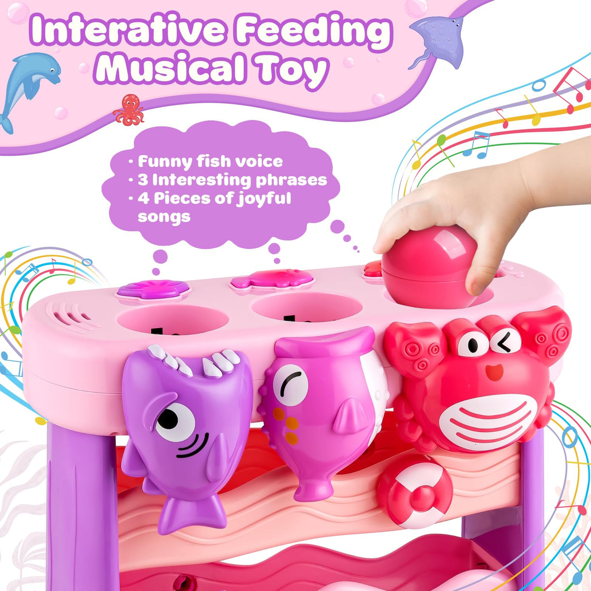 V-Opitos musical toy pufferfish feeding engages listening through playful sounds.