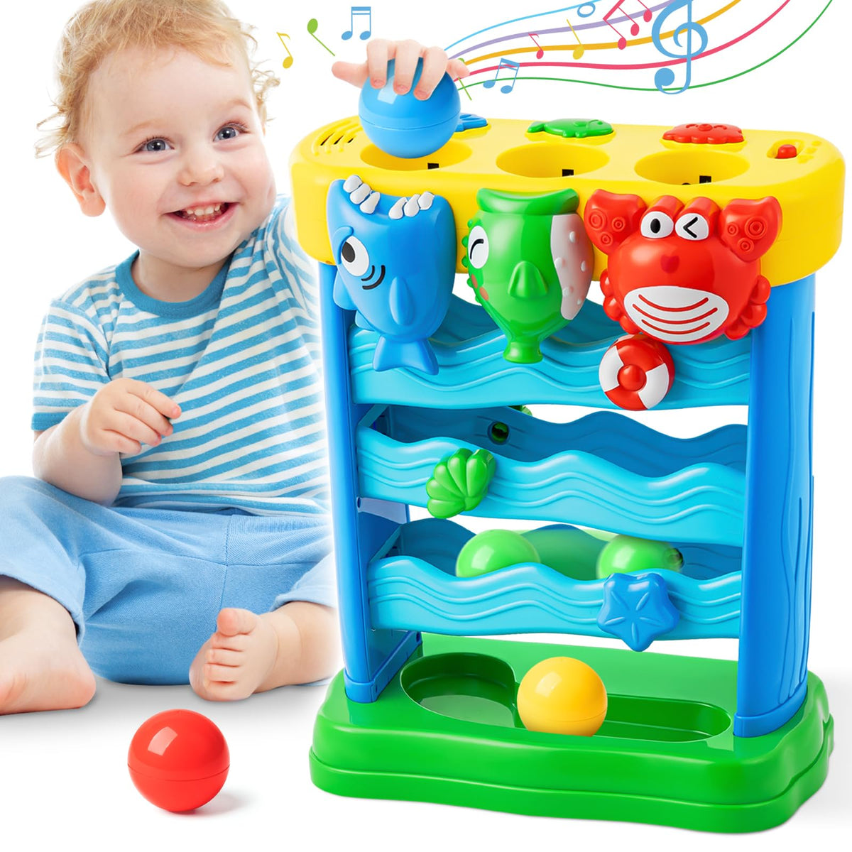 V-Opitos musical toy shark feeding promotes hand-eye coordination.