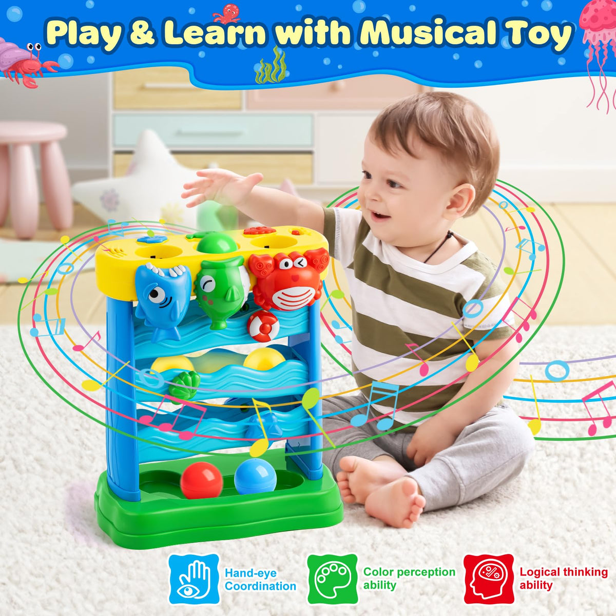 V-Opitos ocean-theme multifunctional toy offers engaging colors and music.