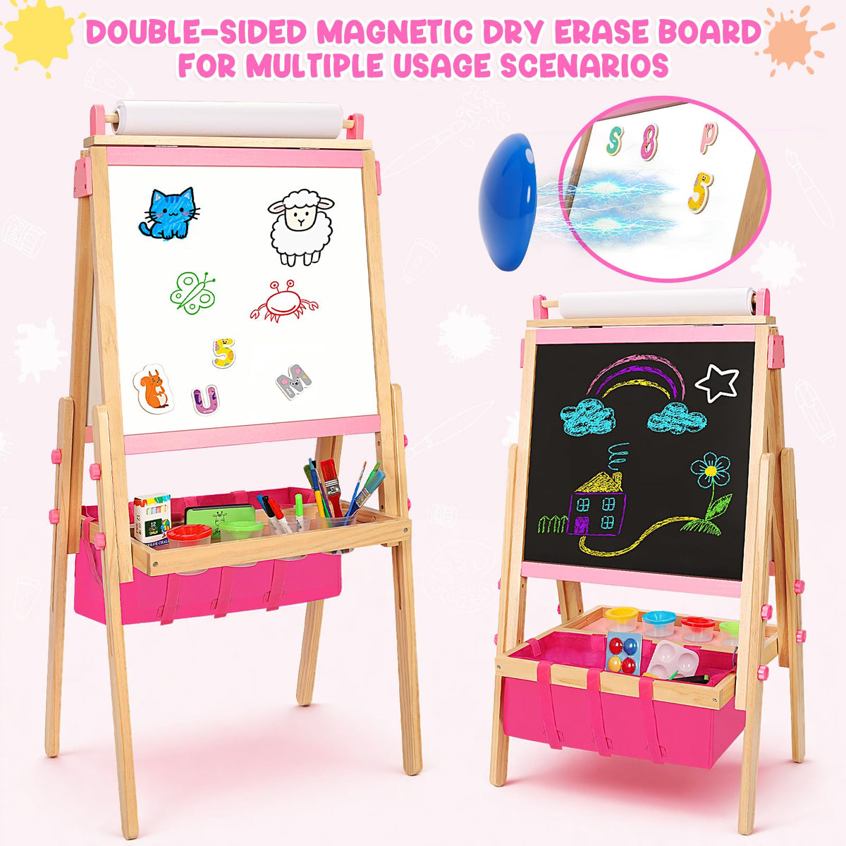 V-Opitos three-in-one easel surface with chalkboard, whiteboard, and drawing paper.