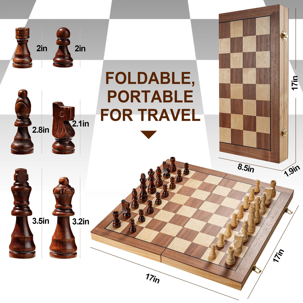 Vahome foldable wooden chess board 17 inches for easy storage and travel