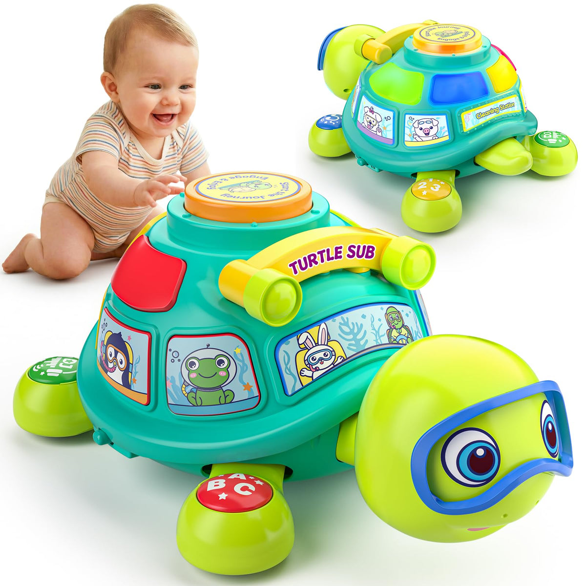Vahome musical crawling turtle in green with lights for baby sensory exploration.
