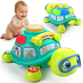 Vahome musical crawling turtle in green with lights for baby sensory exploration.