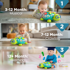 Vahome tummy-time turtle button-press engages slow crawling and soothing music.