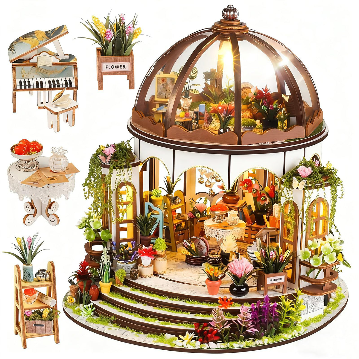 Vaki Vaki hanging garden miniature house with warm LED glow enhances shelf display.