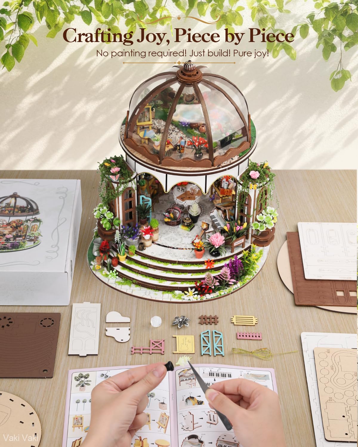 Vaki Vaki wooden dollhouse pieces invite focused, relaxing assembly.