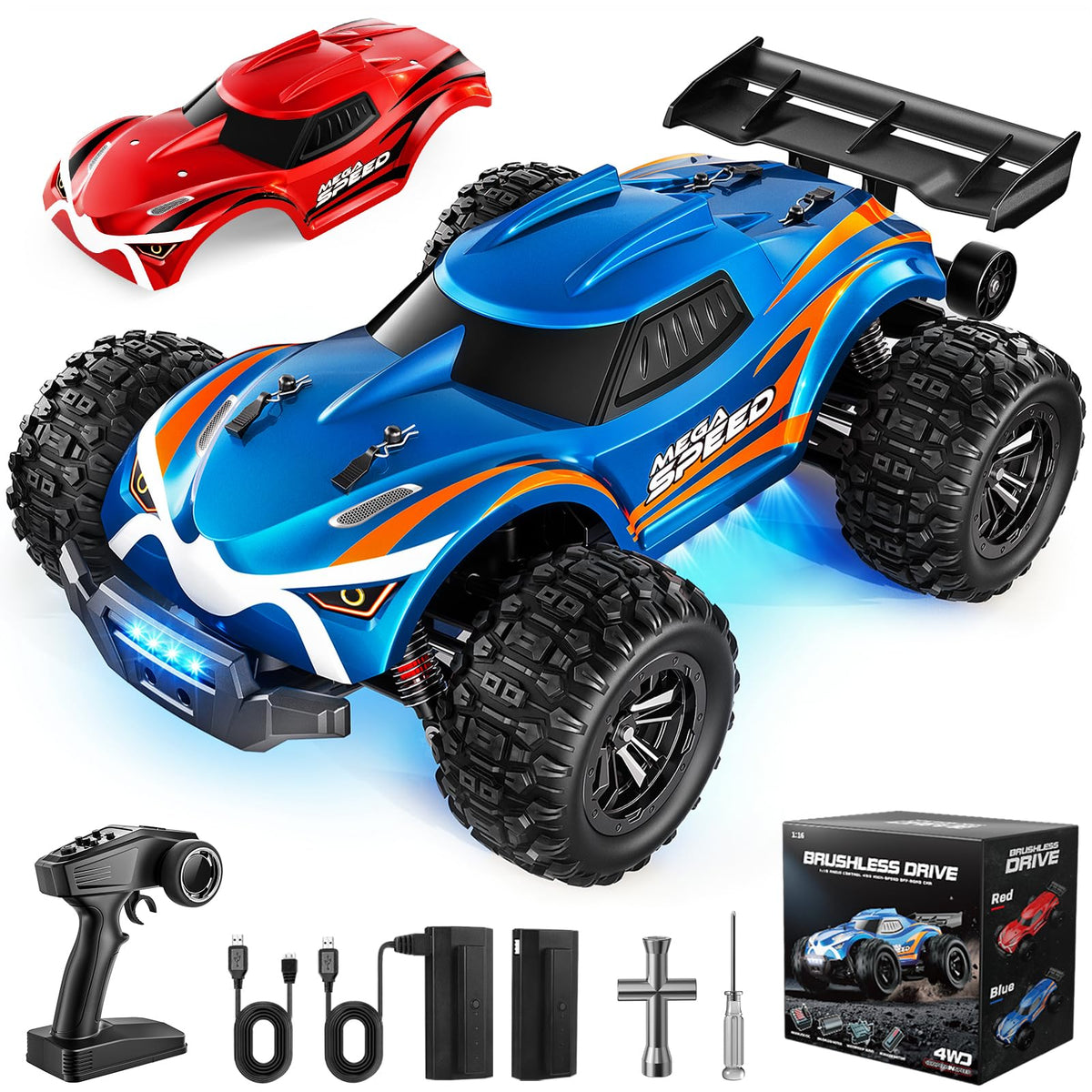 ValueTalks 1/16 brushless RC car motor close-up showing torque on rugged terrain