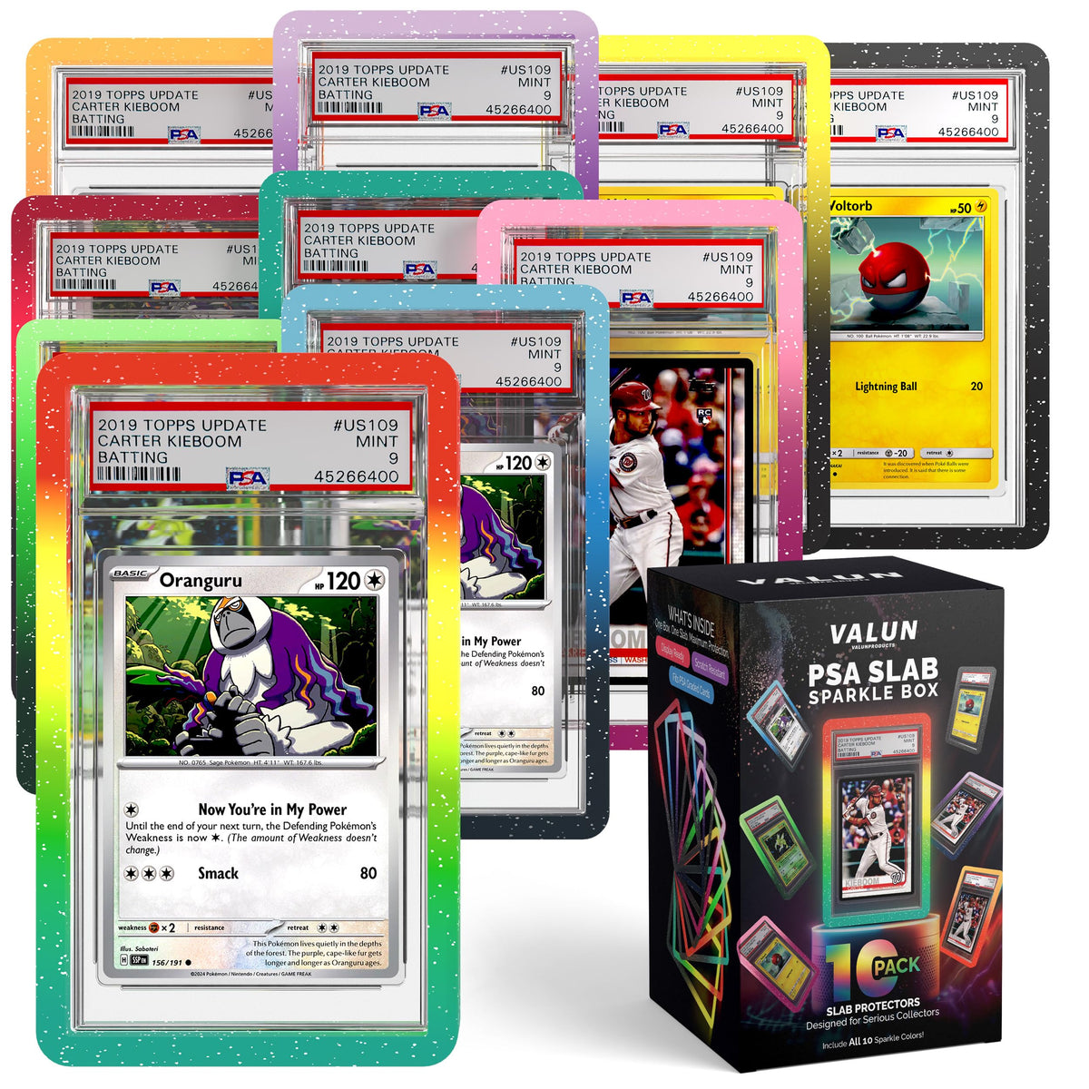 VALUN 10-pack PSA slab guard with sparkling galaxy burst protects PSA slabs on display.