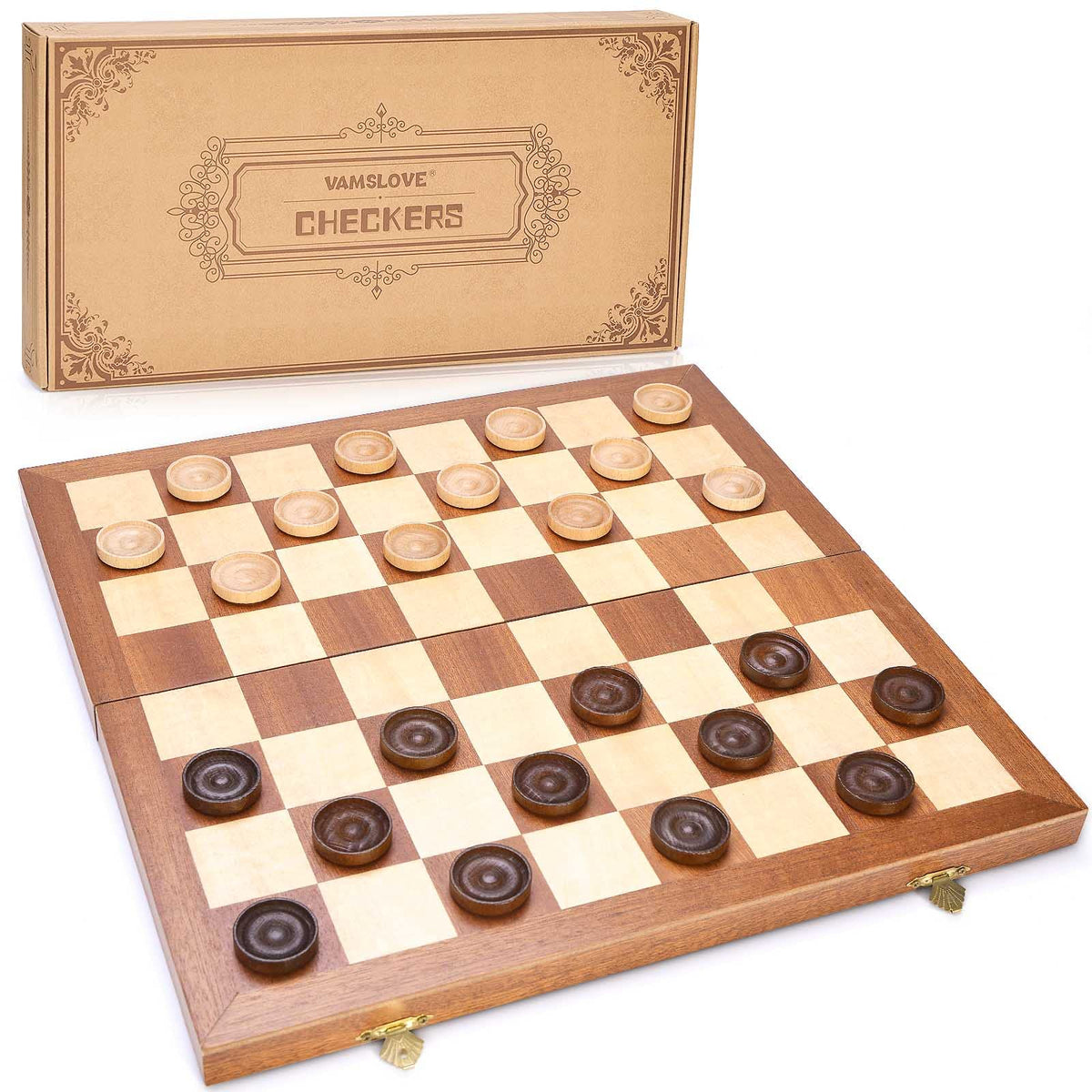 VAMSLOVE folding wooden checkers board open for play and transport.