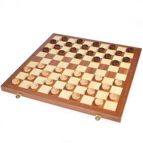 Vamslove checkers board open view shows sturdy wood surface and foldable design.