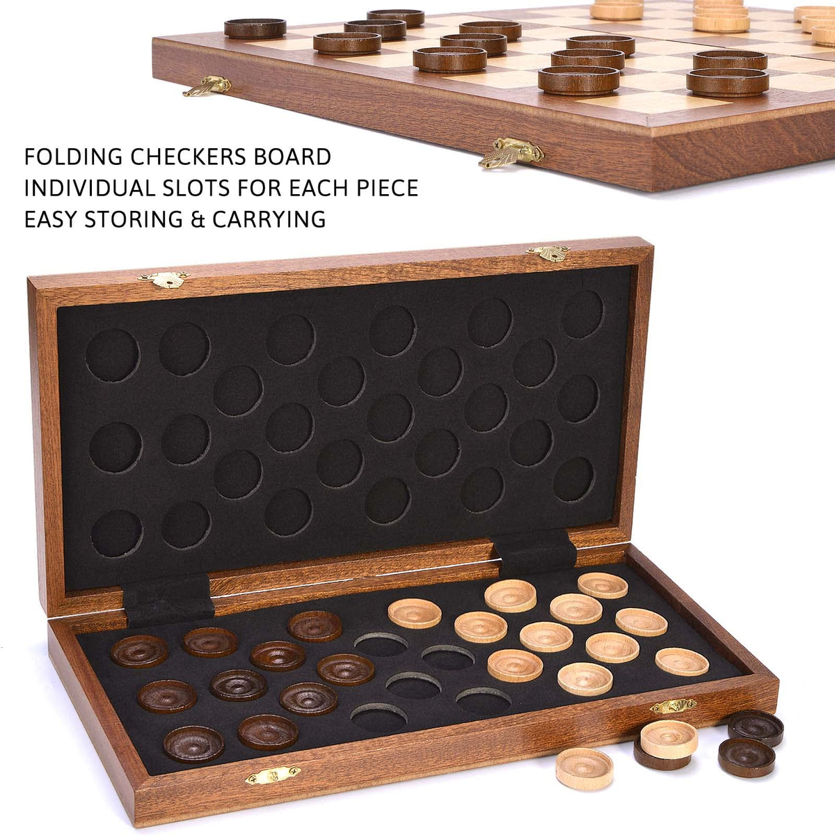 VAMSLOVE checkers pieces neatly stored in built-in slots.