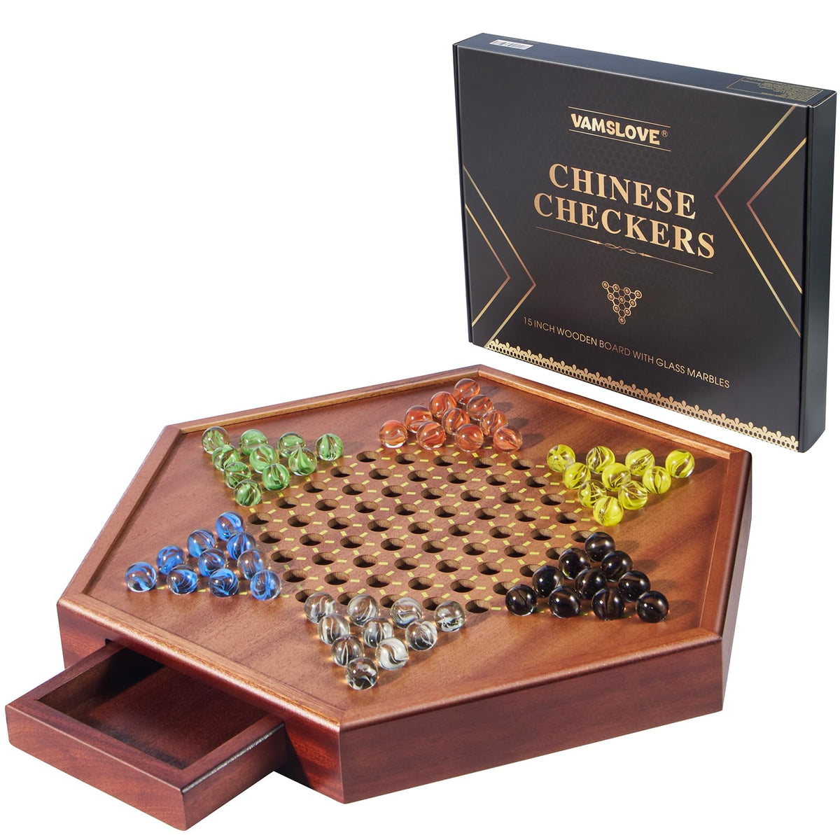 VAMSLOVE Chinese Checkers board 15-inch layout ideal for family play and easy maneuvering.