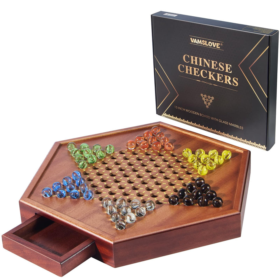 VAMSLOVE Chinese Checkers board 15-inch layout ideal for family play and easy maneuvering.