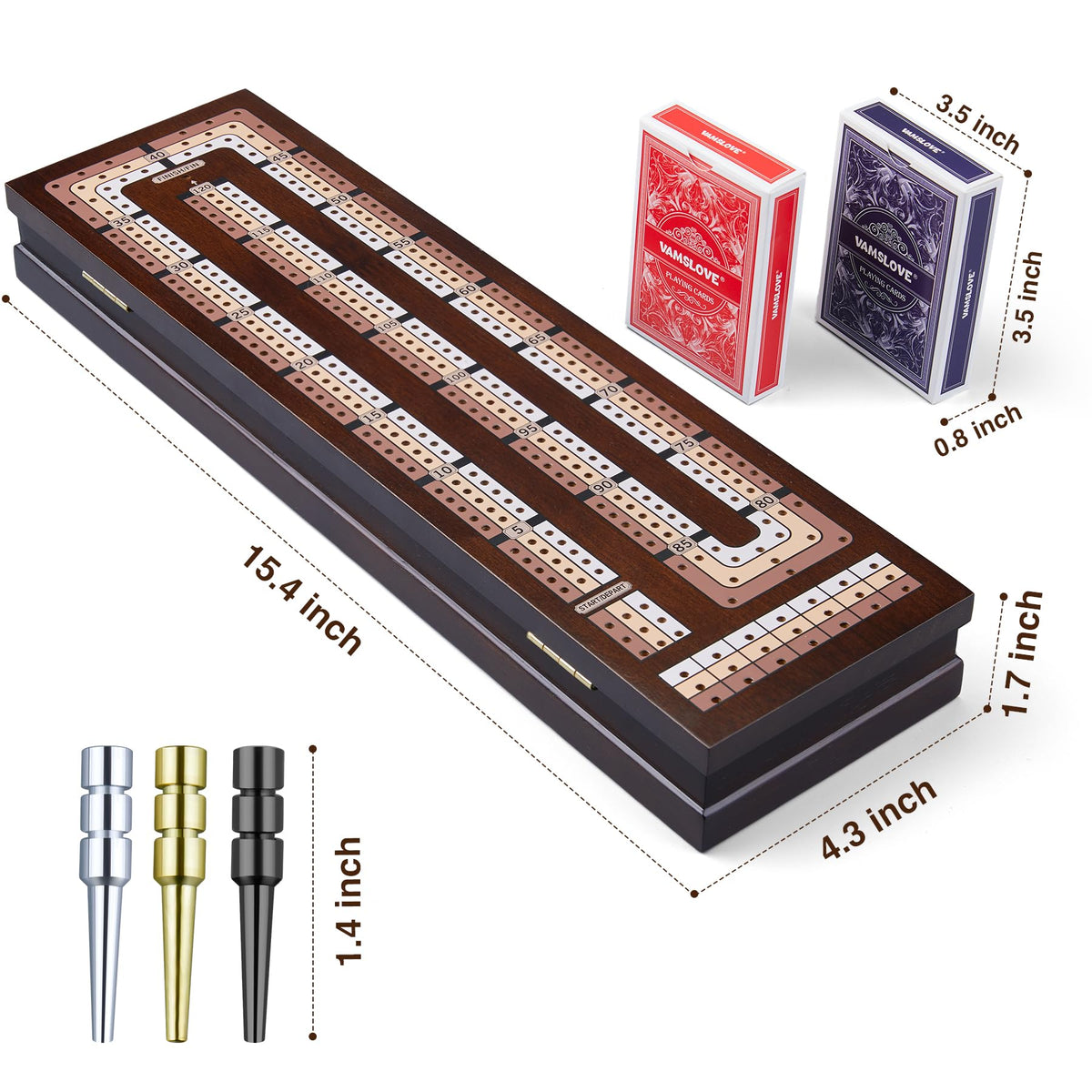 VAMSLOVE cribbage-board features three colored tracks for up to three players.