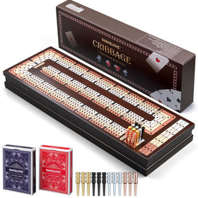 VAMSLOVE cribbage board with four-track wood design for steady, engaging play.
