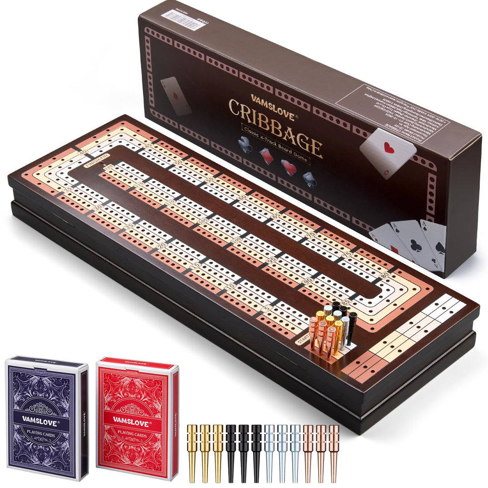 VAMSLOVE cribbage board with four-track wood design for steady, engaging play.