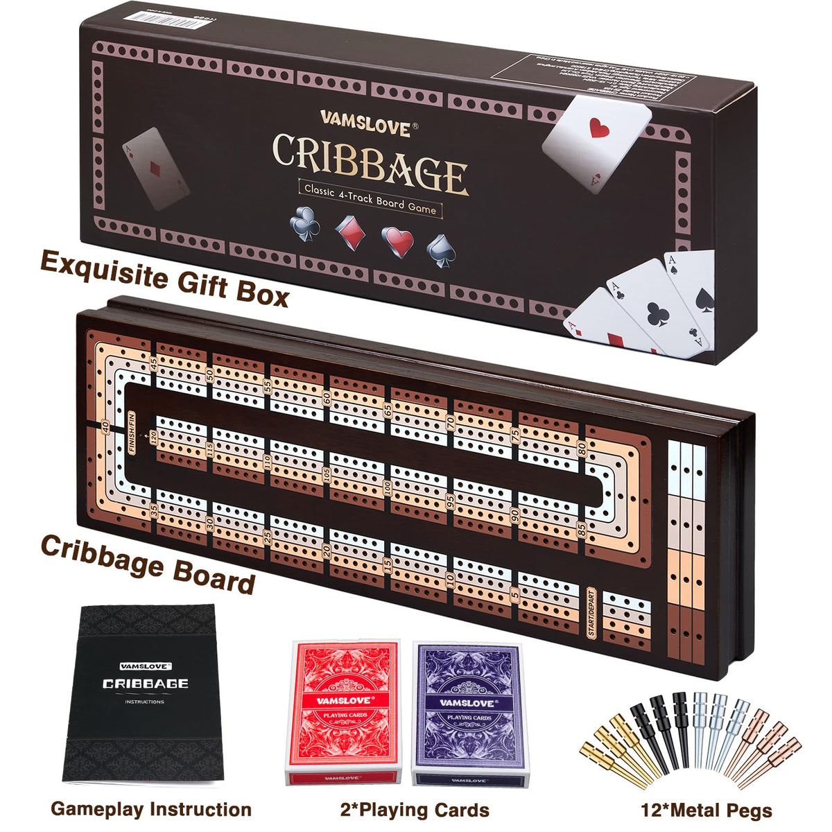 VAMSLOVE board’s large slots store two cards and twelve pegs.