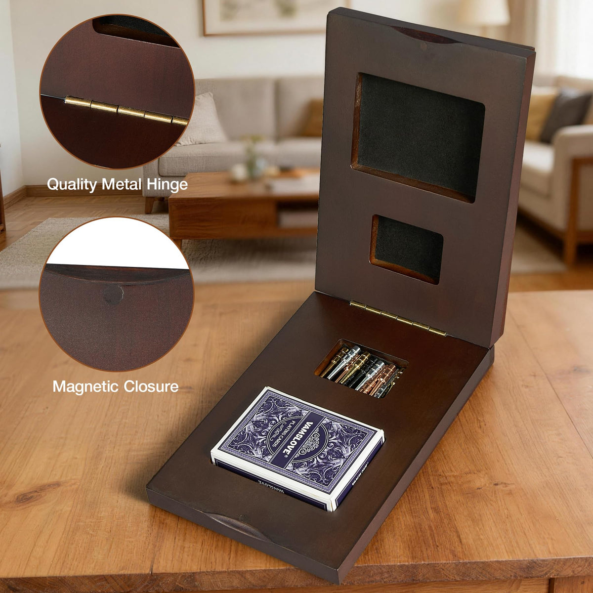 Vamslove premium wood construction highlights durable, long-lasting entertainment with a stable magnetic closure.