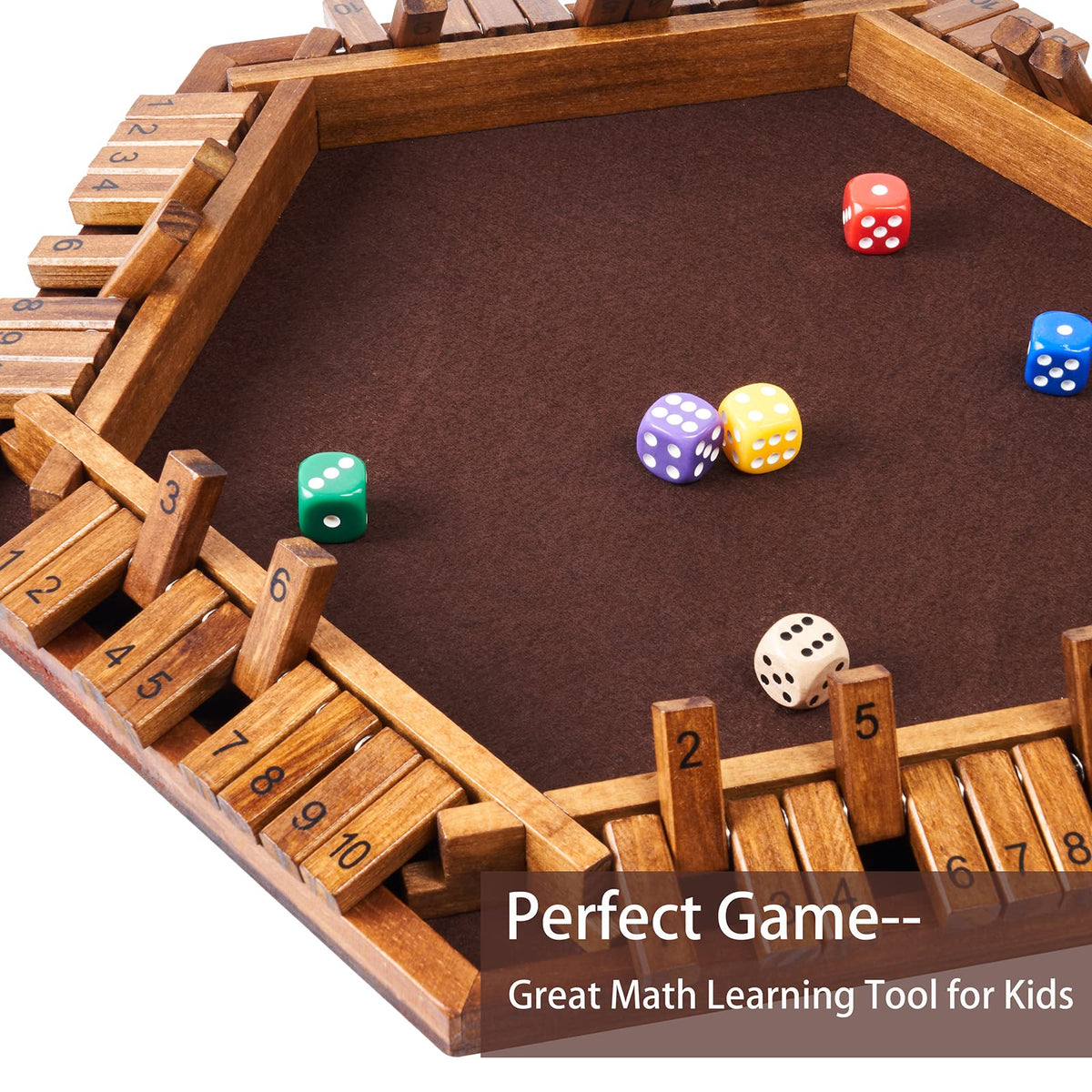 Vamslove Shut the Box hex board closeup showing durable wood finish