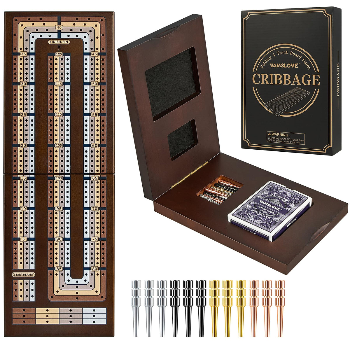 Vamslove upgraded wooden 4-track cribbage board with smooth surface for quick, accurate scoring.