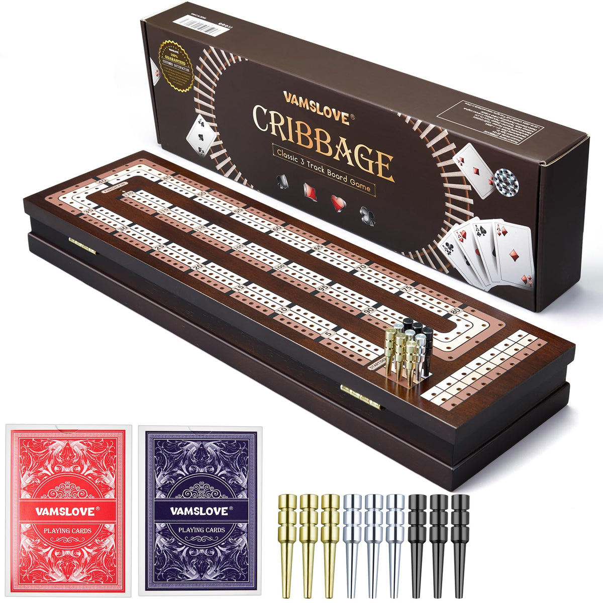 VAMSLOVE wooden cribbage board with magnetic lock keeps components secure during play.