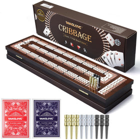 VAMSLOVE wooden cribbage board with magnetic lock keeps components secure during play.