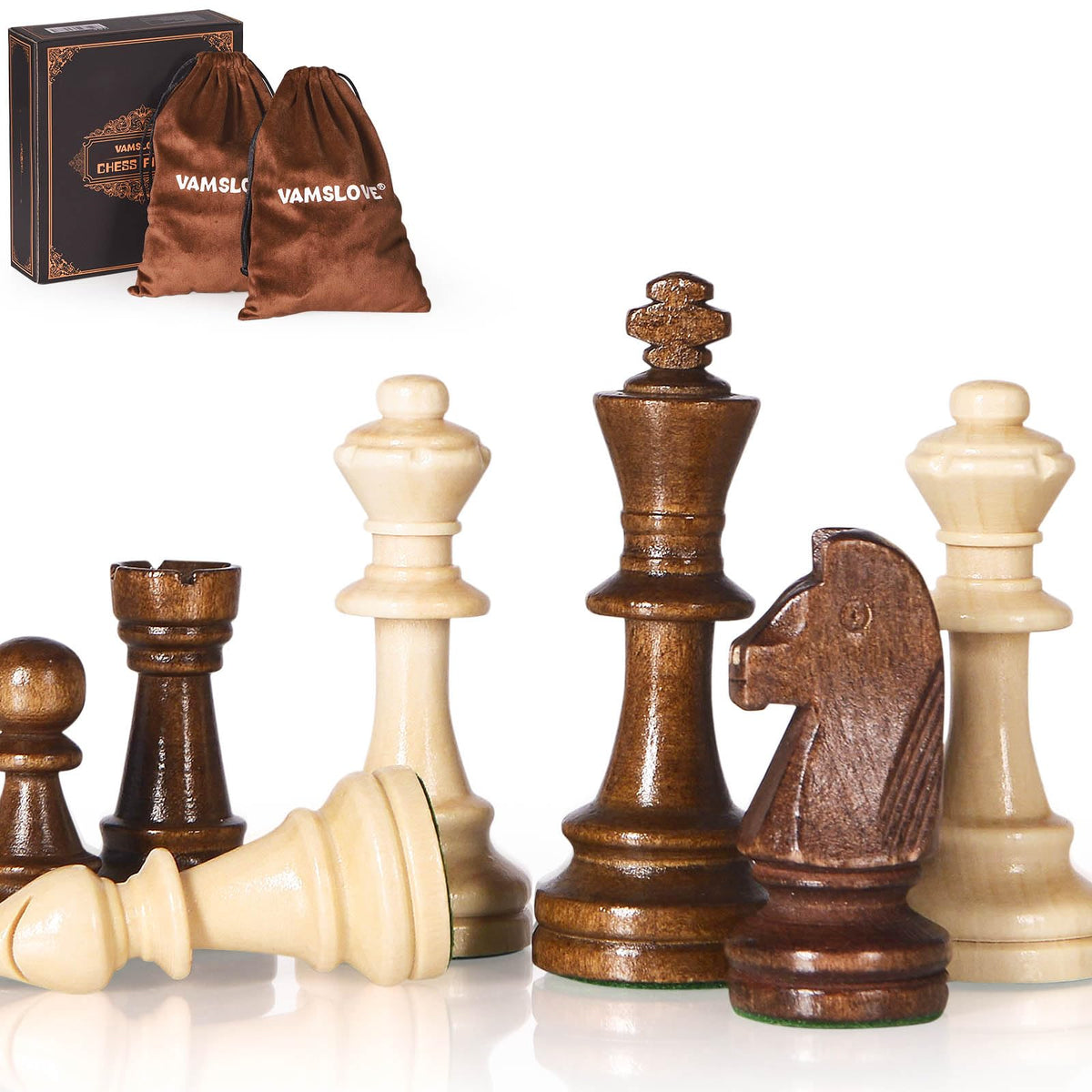 Vamslove wooden heavy weighted chess pieces with a 3.8-inch king for stable play