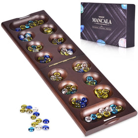 VAMSLOVE wooden Mancala board showing craftsmanship for family game night.