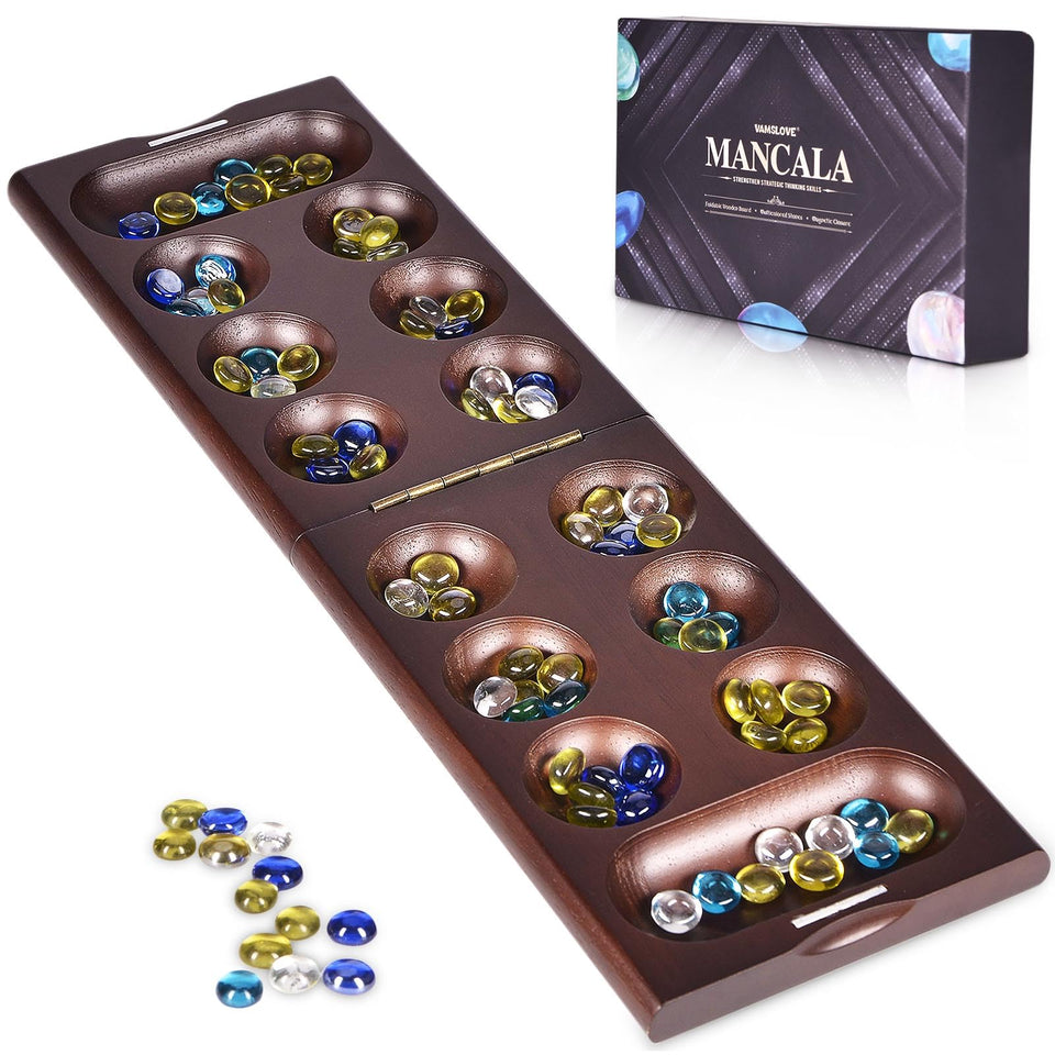 VAMSLOVE wooden Mancala board showing craftsmanship for family game night.