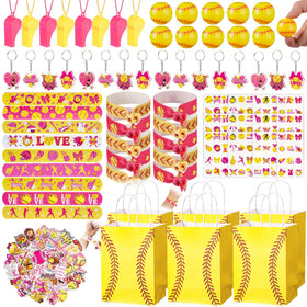 Vanblue 134 piece softball party favors display with bright pink accents for celebrations.