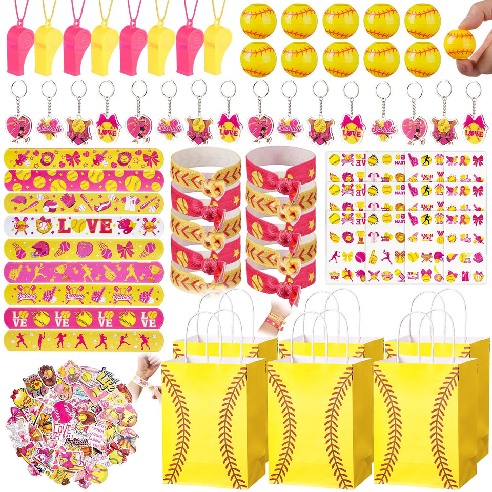 Vanblue 134 piece softball party favors display with bright pink accents for celebrations.