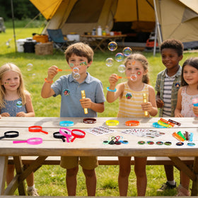 Vanblue bubble wands and stickers create lively outdoor party moments.