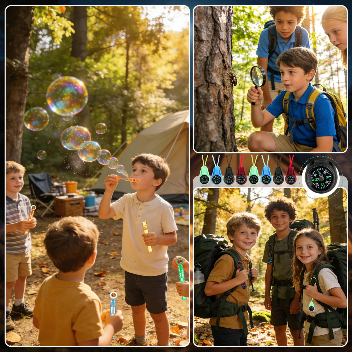 Vanblue camping badges decorate bundles and gift sets with adventure flair.