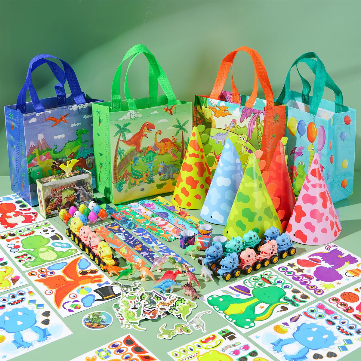 Vanblue dinosaur hats set, colorful wearable party decor for guests.