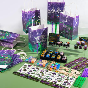 Vanblue green purple monster truck design kit for creative party crafts and decor.